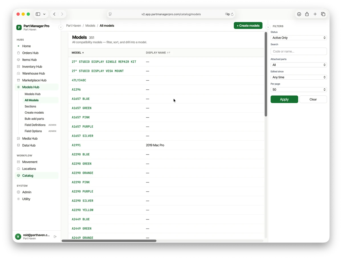 The All Models list in PMP with filters for status, attached parts, and edit date