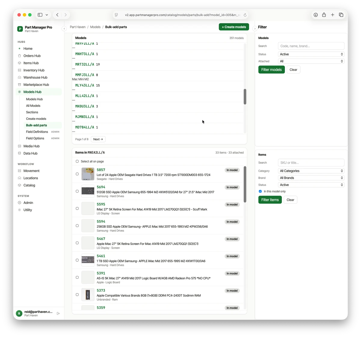 PMP's Bulk-add Parts screen attaching many parts to a model at once