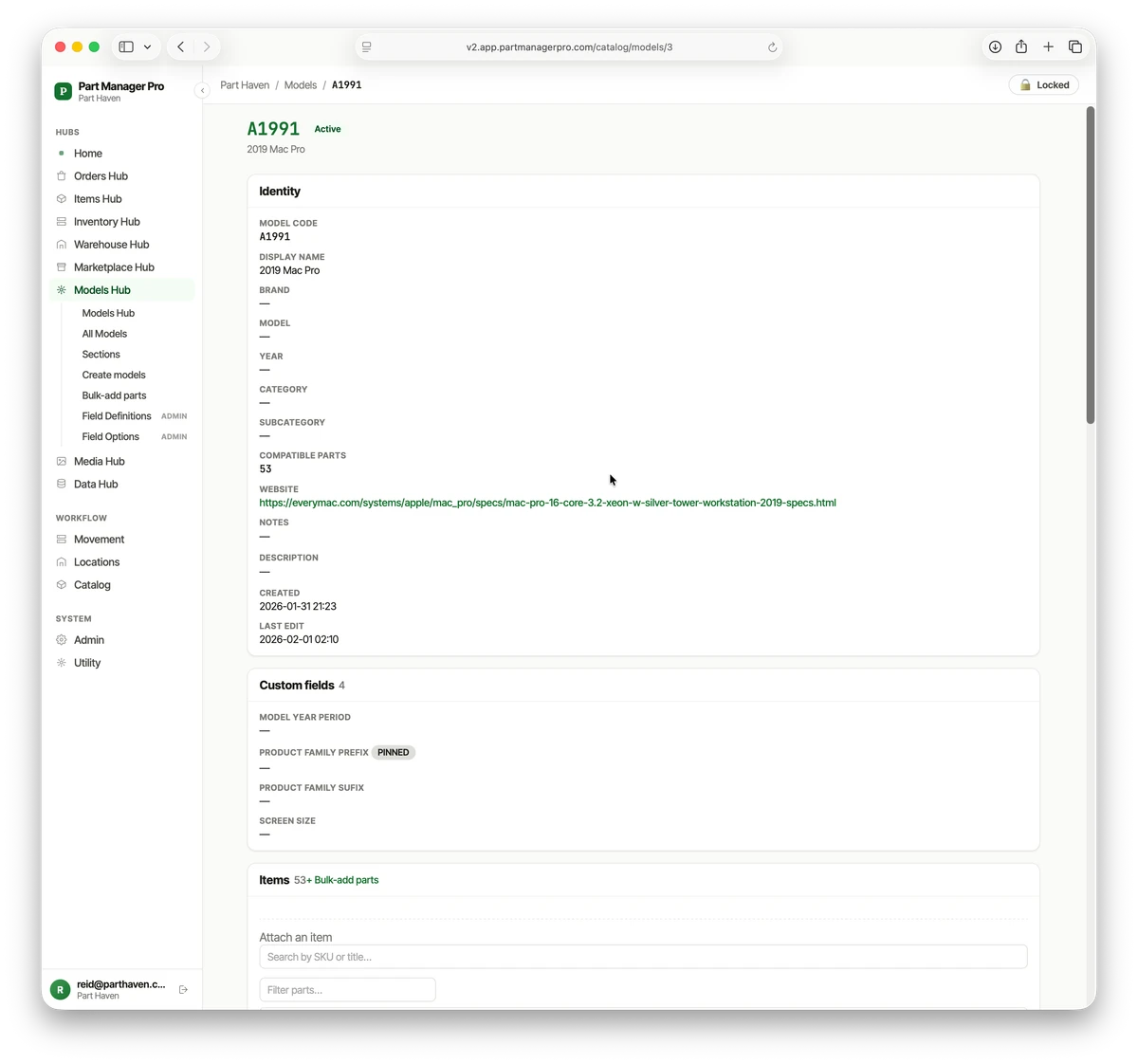 A full model record in PMP with identity, custom fields, and 53 compatible parts