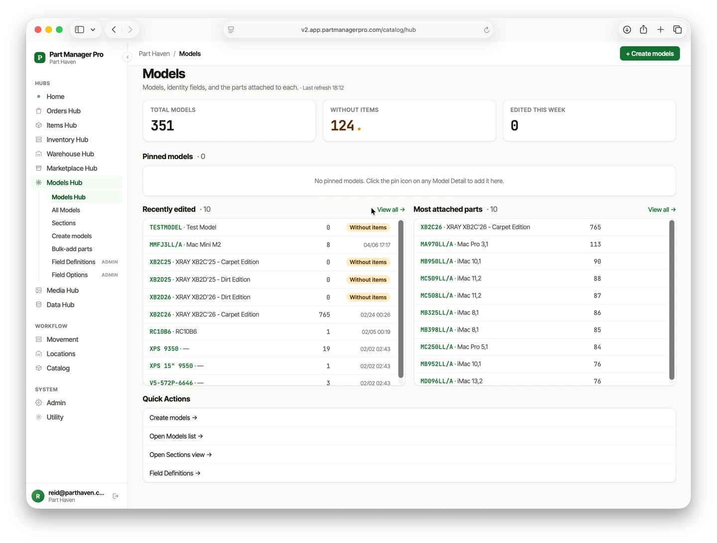 The PMP Models Hub dashboard, showing a catalog of 351 models and the parts attached to each