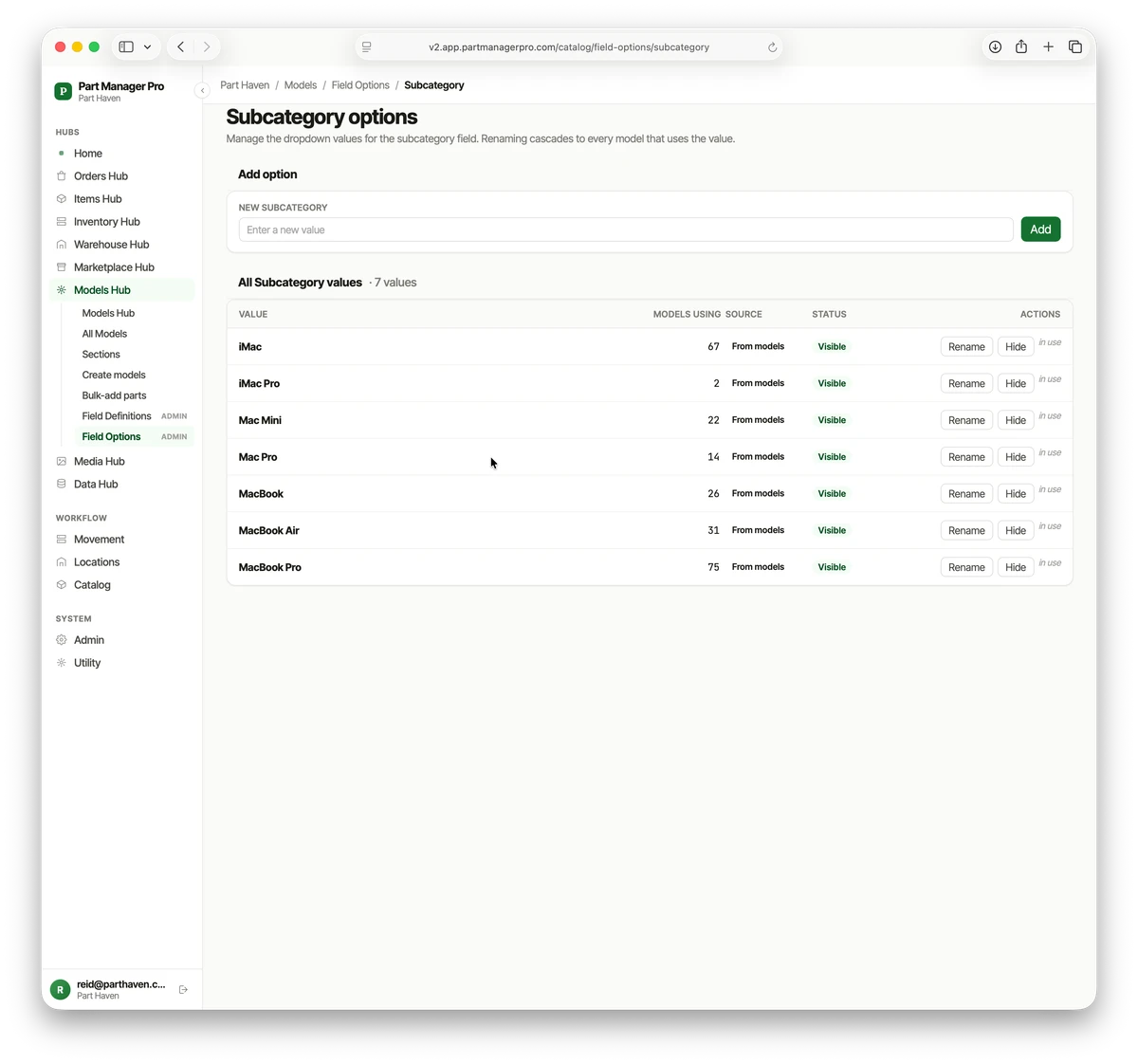 Managing Subcategory dropdown values in PMP with the model count for each