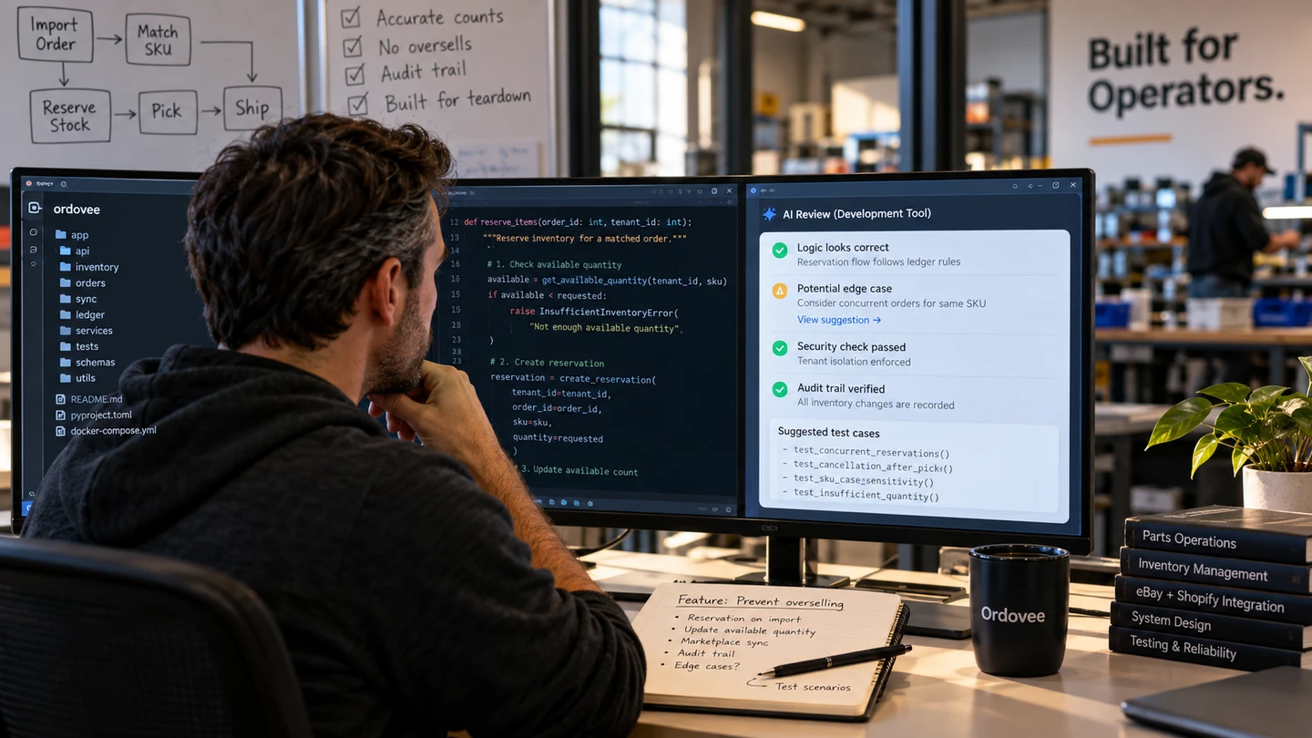 A developer at a two-monitor desk in a parts warehouse, reading code that reserves inventory beside a panel labelled "AI Review (Development Tool)," under a whiteboard sketch of the order flow — import order, match SKU, reserve stock, pick, ship.