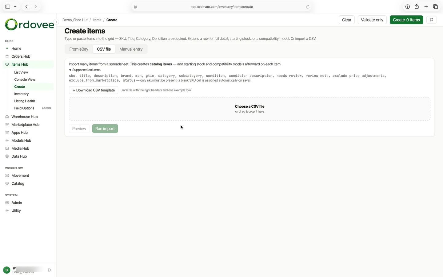 The Ordovee CSV import screen (Items, Create, CSV file tab) — supported columns, a downloadable template, a drag-and-drop upload area, and Preview and Run import buttons.