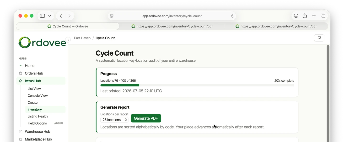 The Ordovee Cycle Count page — a progress bar showing locations counted so far, a Generate PDF control with a locations-per-report selector, and guidance on the sequential count workflow.