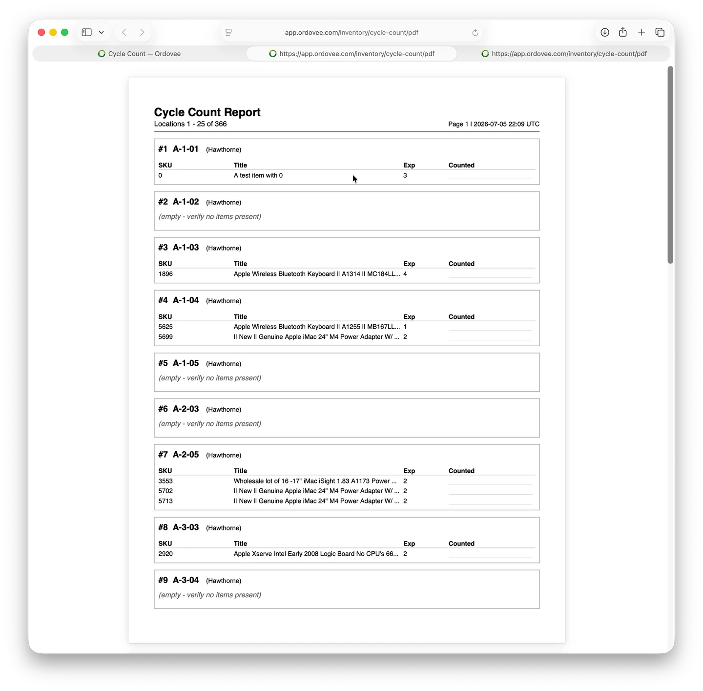 A printed Cycle Count Report — locations in order by code, each listing its SKUs, titles, expected quantity, and a blank Counted column to fill in on the floor.