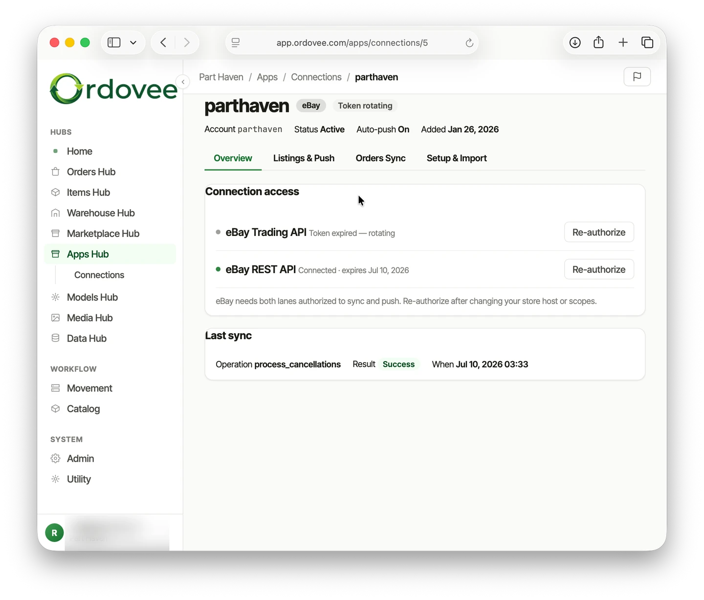 The eBay connection page in Ordovee — Status Active, Auto-push On, both the Trading and REST API lanes authorized, and the last sync's result shown below.