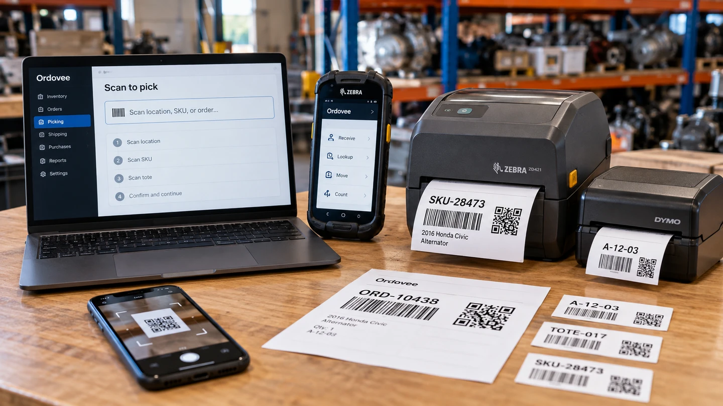 A parts bench laid out with the hardware the guide describes: a laptop open to Ordovee's scan-to-pick screen (scan location, scan SKU, scan tote), a Zebra rugged handheld, an iPhone reading a QR code through its camera, a Zebra desktop thermal printer and a smaller DYMO printer each feeding out a label, a packing slip, and loose SKU, location and tote labels, with warehouse shelving stacked with engines and parts behind.