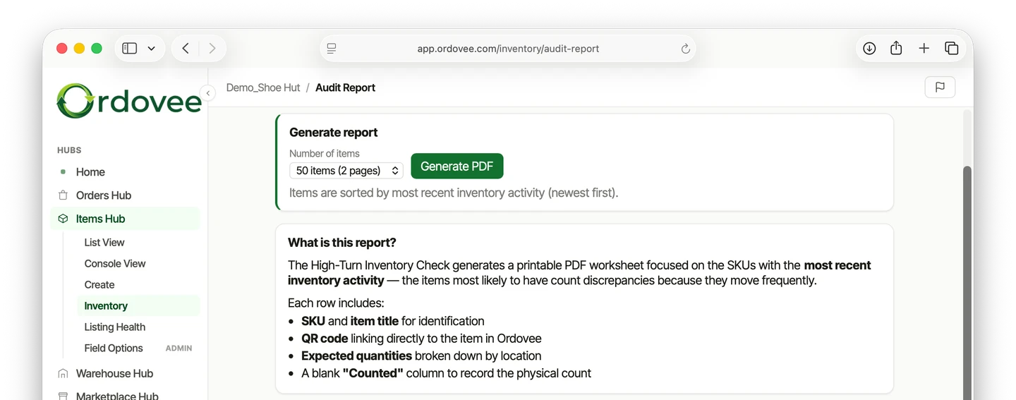 The Ordovee Activity Audit page (High-Turn Inventory Check) — a Generate PDF control that pulls the SKUs with the most recent inventory activity, with an explanation of what the report covers.
