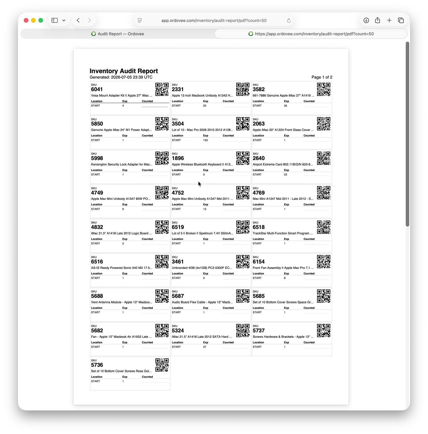 A printed High-Turn Inventory Audit Report — a grid of item tiles, each with its SKU, item title, location, expected quantity, a blank Counted column, and a QR code.