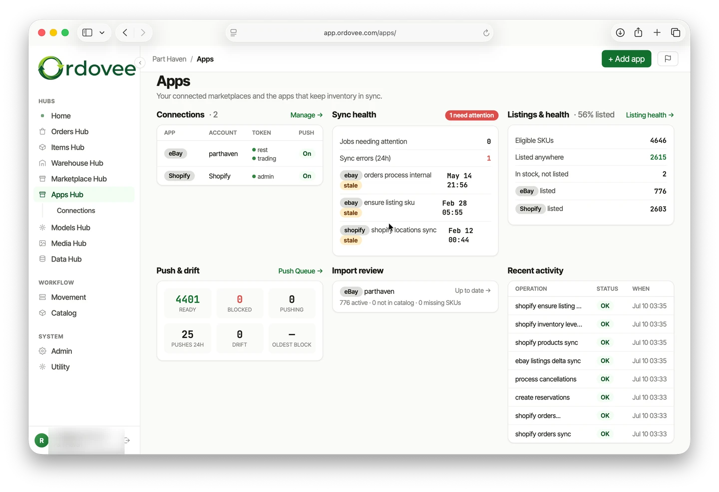The Apps dashboard in Ordovee — eBay and Shopify connections, sync health, listing coverage, push-queue counts, and a recent-activity log.