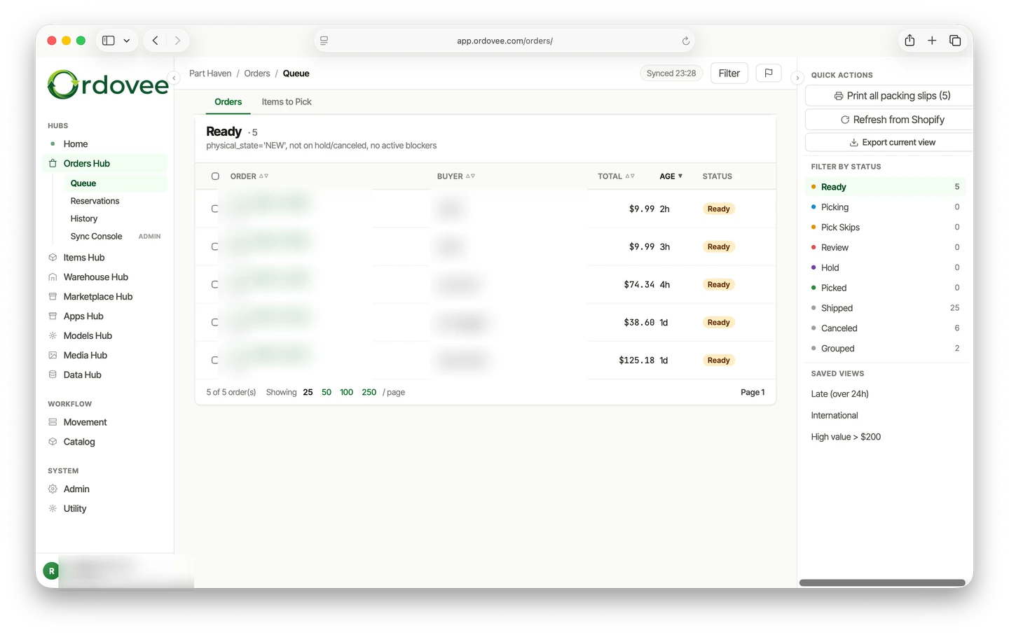 The Ordovee Orders Hub queue — a list of Ready orders from eBay and Shopify with order, buyer, total, age, and status columns, and a status filter with quick actions on the right.
