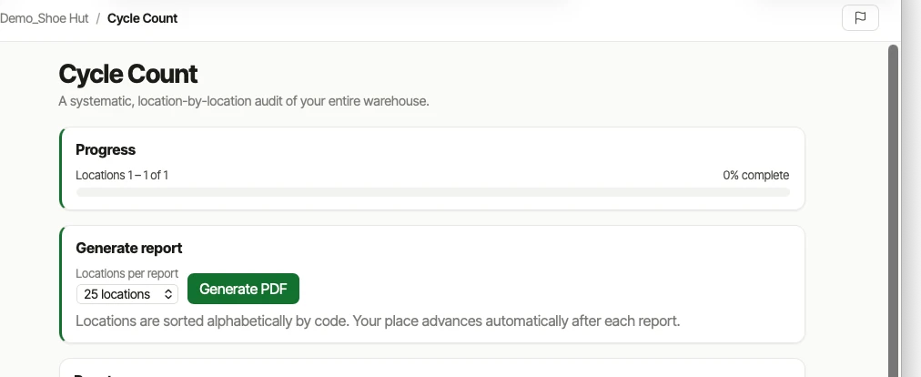 The ODV Cycle Count page — a progress bar and a Generate PDF control for a location-by-location count.