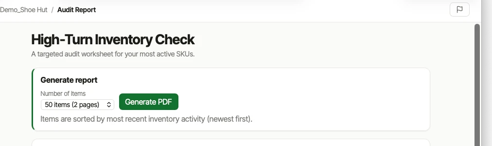 The ODV High-Turn Inventory Check page — a Generate PDF control for a worksheet of the most active SKUs.