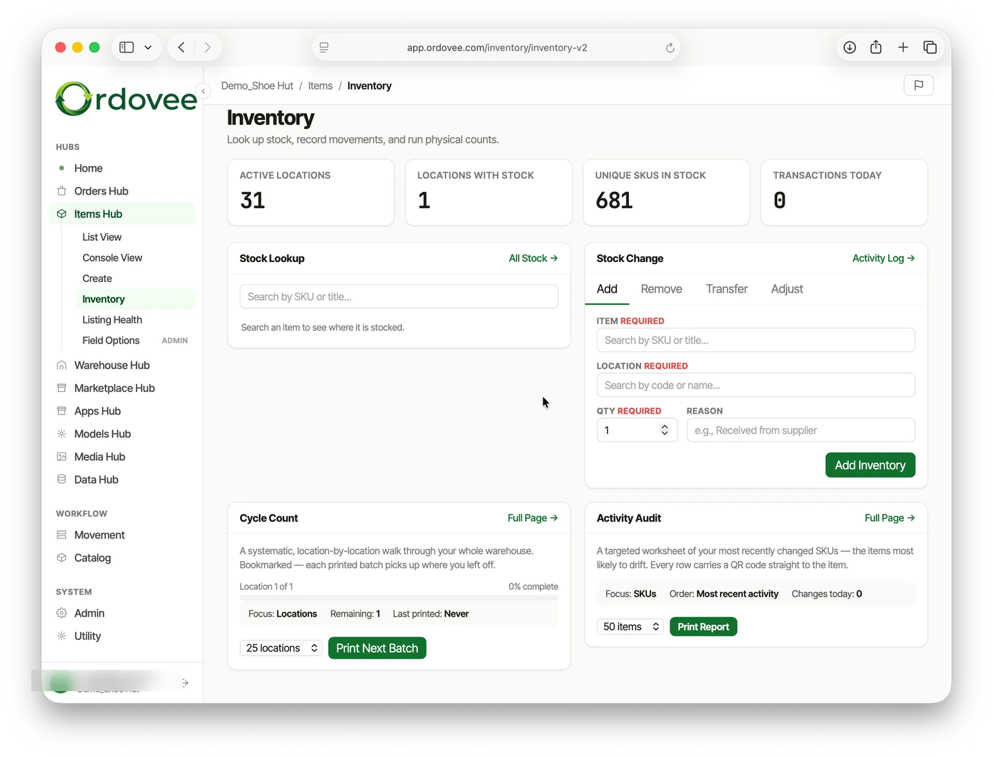The Ordovee Inventory hub — stat cards for locations, SKUs in stock, and transactions today, stock lookup and stock-change panels, and Cycle Count and Activity Audit cards side by side.