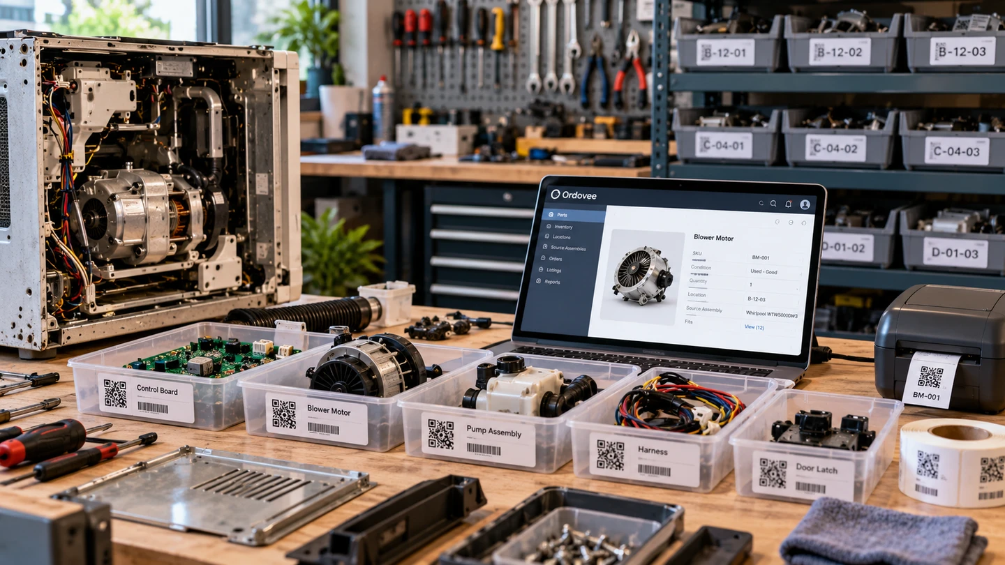 A parts recovery bench: an opened appliance beside labeled trays of recovered parts — a control board, blower motor, pump assembly, harness and door latch — a laptop showing the blower motor’s Ordovee record with its SKU, location and source assembly, a label printer, and shelves of containers with location labels behind.