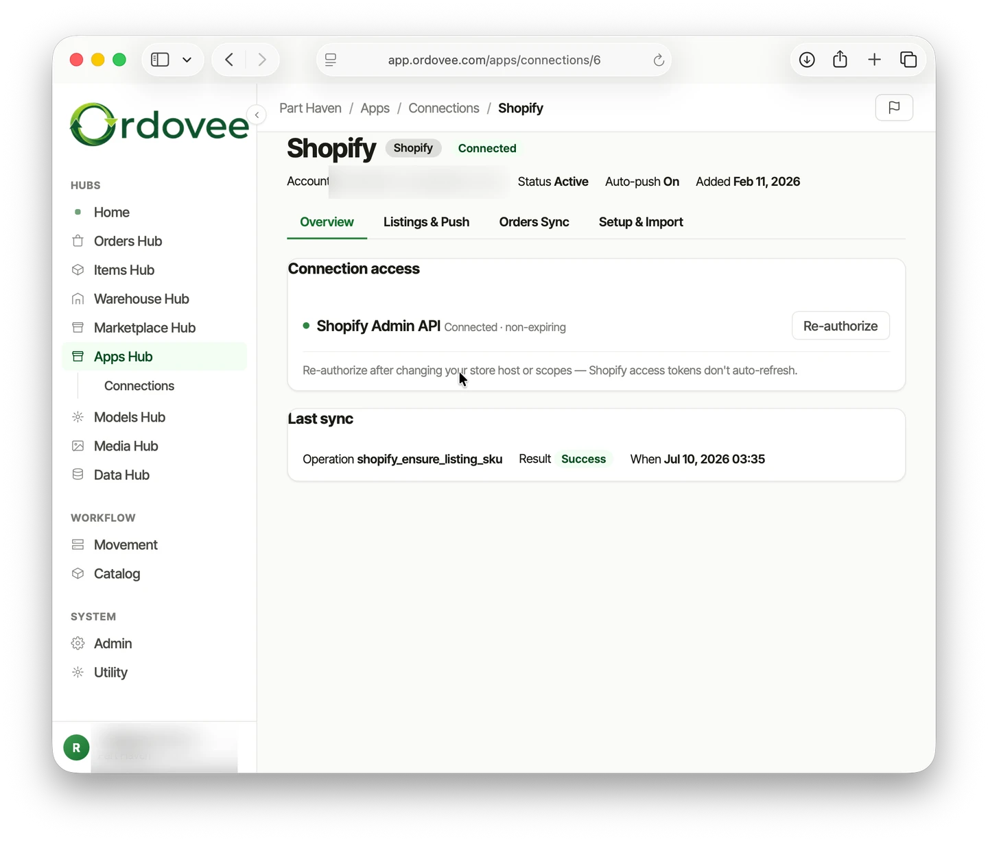 The Shopify connection page in Ordovee — Status Active, Auto-push On, the Shopify Admin API connected, and the last sync's result shown below.