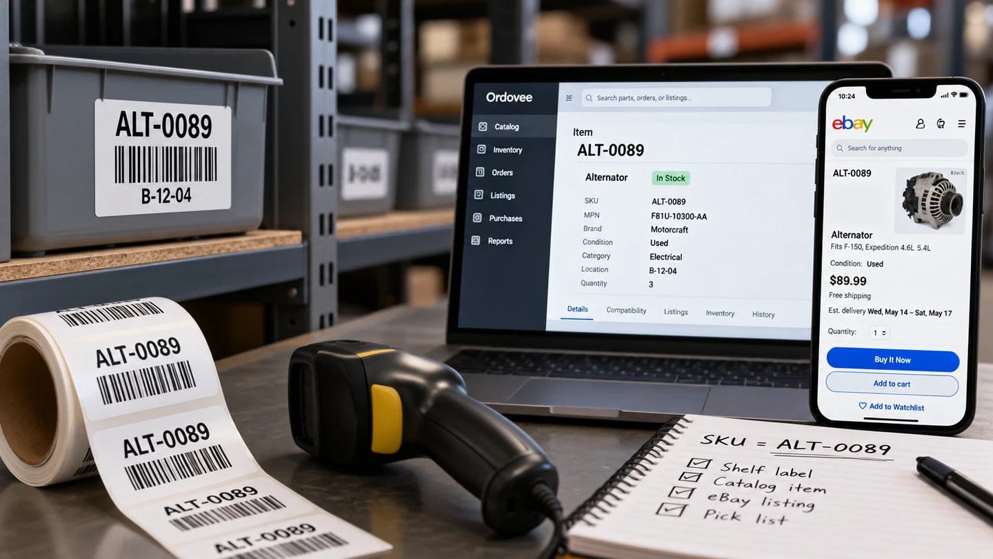 One SKU, ALT-0089, everywhere it is read: on a shelf label with its location code B-12-04, on a roll of printed part labels beside a handheld barcode scanner, on the part's record in Ordovee on a laptop — alternator, MPN, brand, condition, location, quantity — and on the same part's eBay listing on a phone, with a notebook checklist: shelf label, catalog item, eBay listing, pick list.
