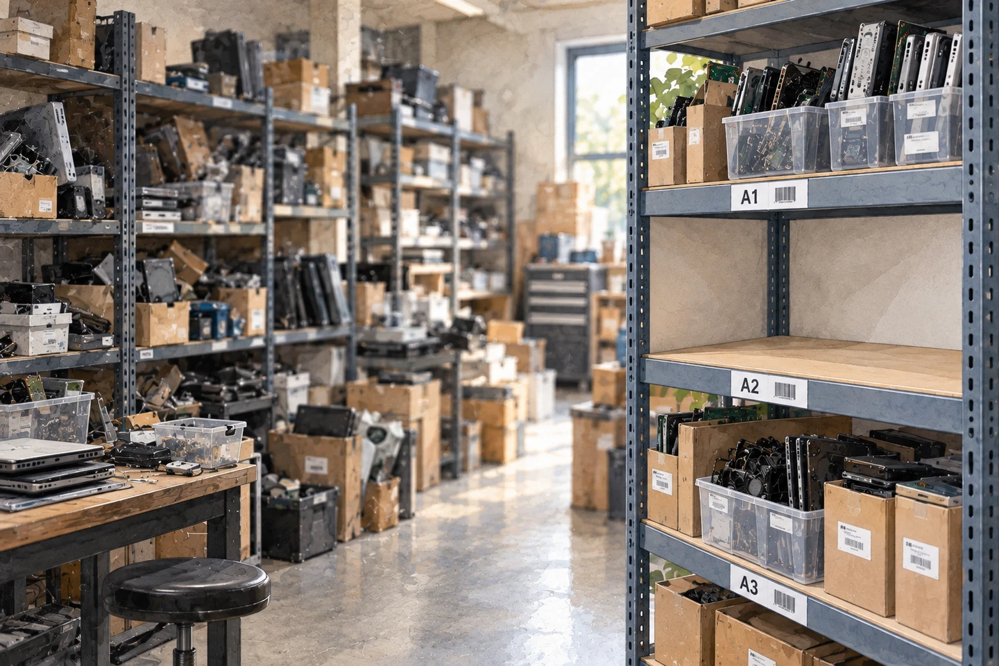 A parts warehouse mid-organization. On the right, a single steel rack carries printed location labels A1, A2 and A3 with barcodes; its bays hold sorted parts in clear bins and labelled boxes, and the A2 shelf sits empty and ready. The rest of the room behind it is still unlabelled — shelves of loose laptop shells, drives and boards, open cardboard boxes, and a workbench stacked with parts waiting to be sorted.