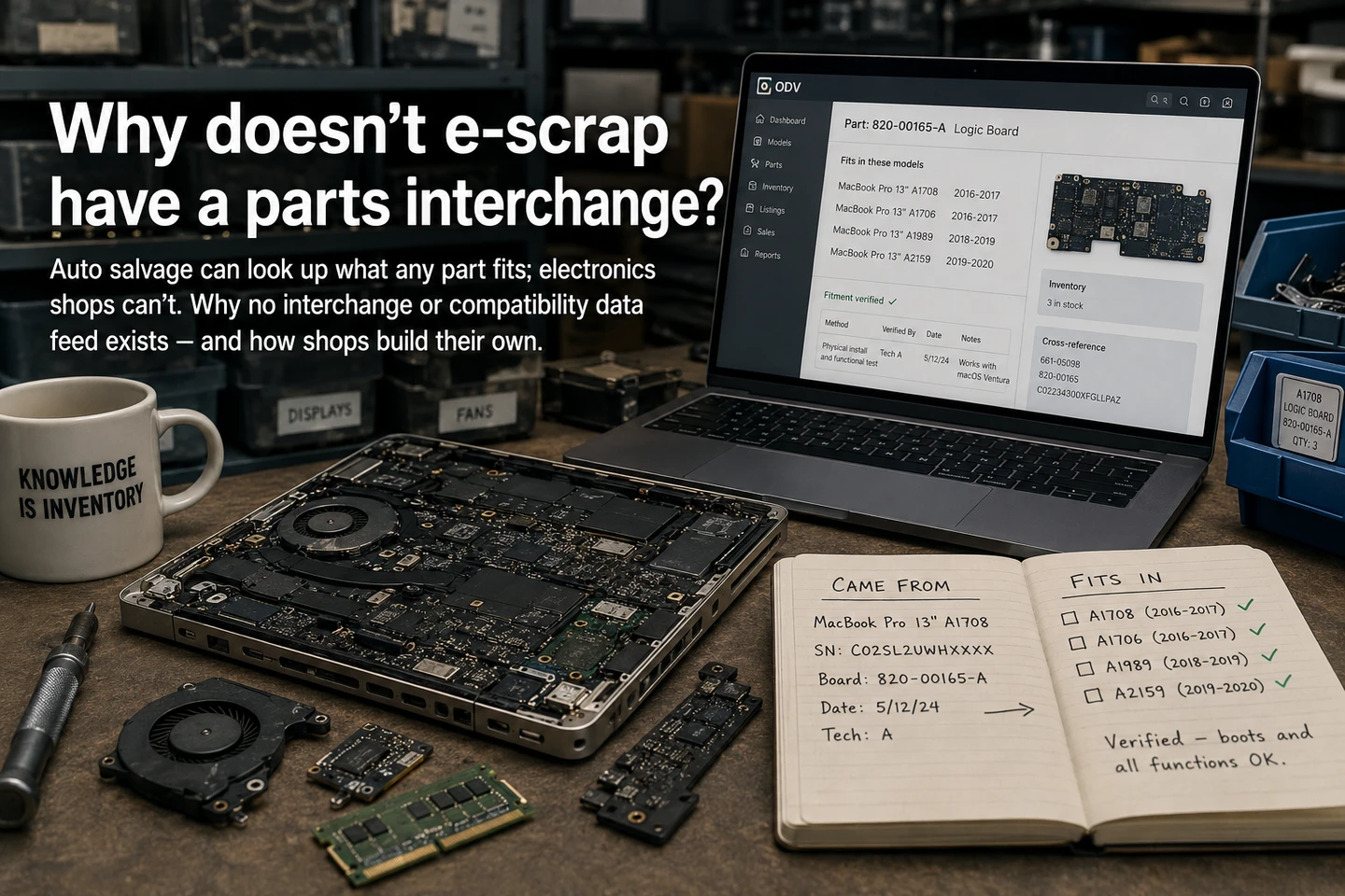 A stripped MacBook Pro on a shop bench with its pulled parts laid out beside it, next to a laptop showing an Ordovee part record listing the four MacBook Pro models that logic board fits, and an open notebook recording the same fitment by hand under the headings Came From and Fits In