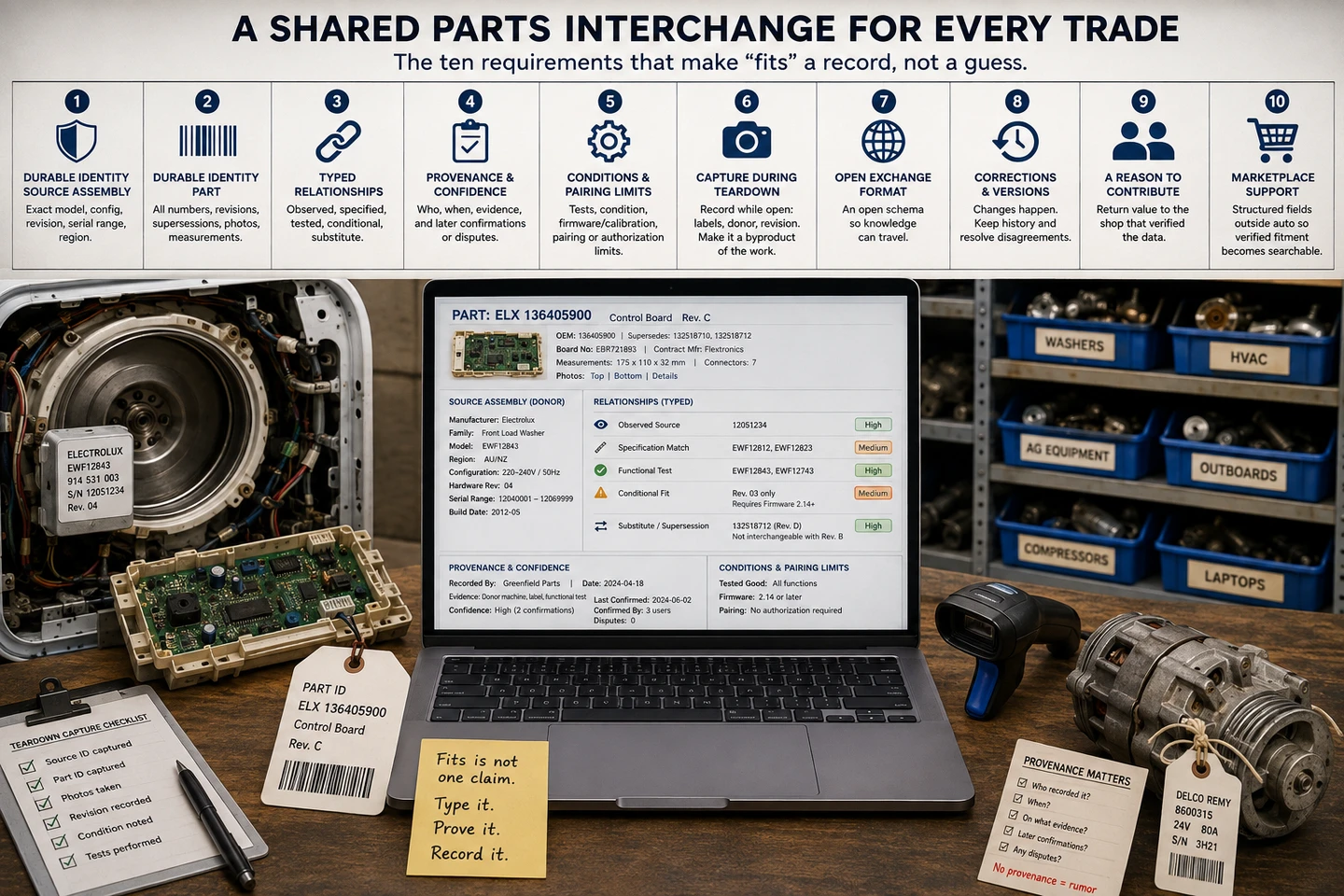 Infographic titled A shared parts interchange for every trade, subtitled the ten requirements that make fits a record, not a guess. Ten numbered tiles run across the top: durable identity for the source assembly, durable identity for the part, typed relationships, provenance and confidence, conditions and pairing limits, capture during teardown, open exchange format, corrections and versions, a reason to contribute, and marketplace support. Below them a workbench holds an opened front-load washer drum, a salvaged appliance control board, and a laptop showing a part record for control board ELX 136405900. The record lists the donor washer's manufacturer, model, region, hardware revision and serial range, and a typed relationships panel rating five kinds of fit — observed source, specification match, functional test, conditional fit, and substitute or supersession — each marked high or medium confidence, alongside provenance and pairing-limit panels. Shelf bins behind are labelled washers, HVAC, ag equipment, outboards, compressors and laptops. A barcode scanner, an alternator, printed part tags and a teardown capture checklist sit on the bench beside a note reading fits is not one claim, type it, prove it, record it.