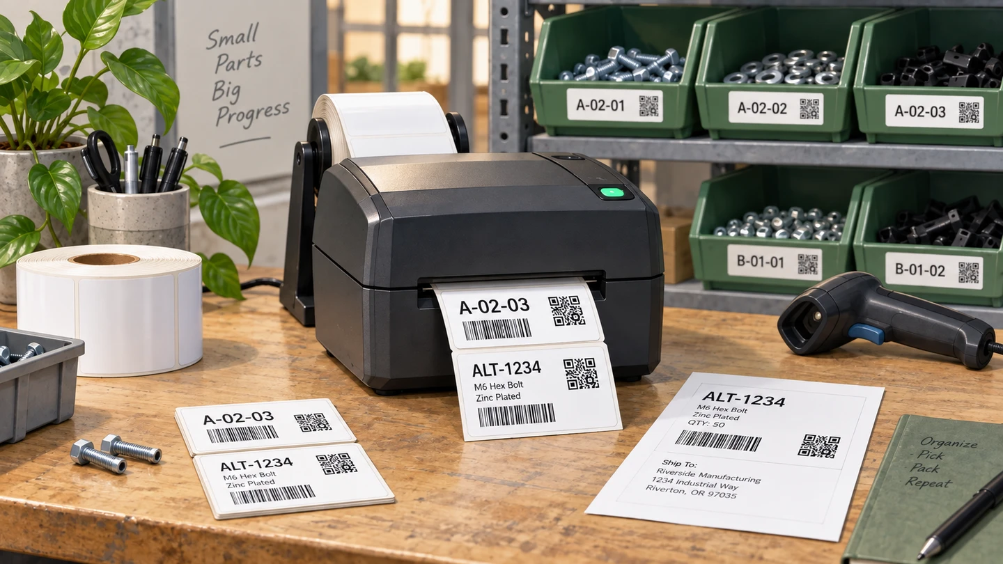 A dark desktop thermal printer on a wooden workbench feeding out 2 by 1 inch labels: a location label reading A-02-03 and a part label reading ALT-1234 M6 Hex Bolt Zinc Plated, each with a barcode and a QR code. Beside it sit a printed 4 by 6 inch packing slip for the same part, a roll of blank labels, loose hex bolts, a corded barcode scanner, and a rack of green parts bins labelled A-02-01 through B-01-02 with matching QR location labels.