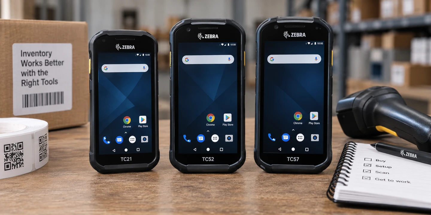 Three Zebra rugged handhelds standing on a warehouse workbench, labelled TC21, TC52 and TC57 left to right, each showing an Android home screen with Chrome and the Play Store. Beside them a roll of QR labels, a shipping box with a barcode label reading Inventory Works Better with the Right Tools, a corded barcode scanner, and a notepad checklist reading Buy, Setup, Scan, Get to work.