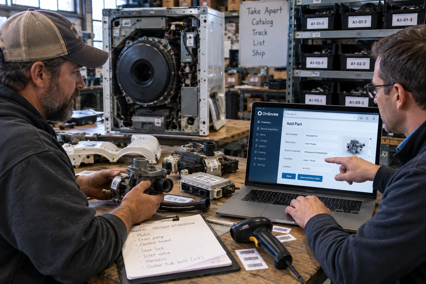 A washing machine open on a workbench with its drum and motor exposed, its pulled parts laid out beside it wearing printed labels — a drain pump held in one person's hands, a control board, a wiring harness — next to a handwritten parts list on a clipboard, a handheld barcode scanner, and a laptop showing a new part record for the drain pump against its source assembly, a Whirlpool washer, with a condition, a location code and a Save and Print Label button; racks of labelled parts bins from A1-01-1 to A1-03-2 stand behind the bench.