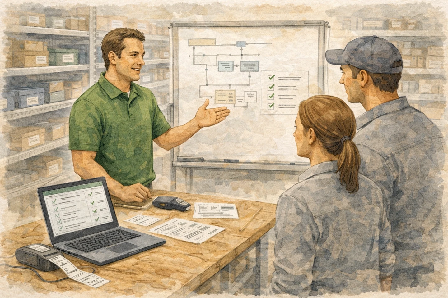 Illustration of a guided launch session — an Ordovee expert at a whiteboard walking two team members through the setup checklist, with a laptop, handheld scanner, and thermal printer on the table.