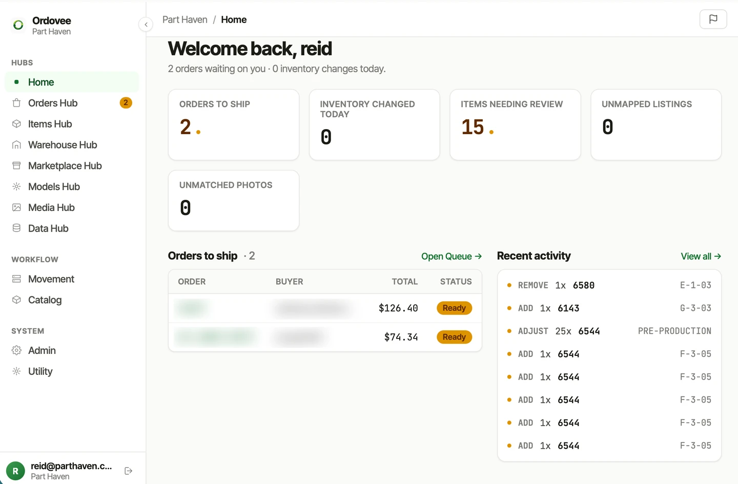 The Ordovee app dashboard — orders ready to ship, inventory stat cards, and a recent-activity ledger of part movements.