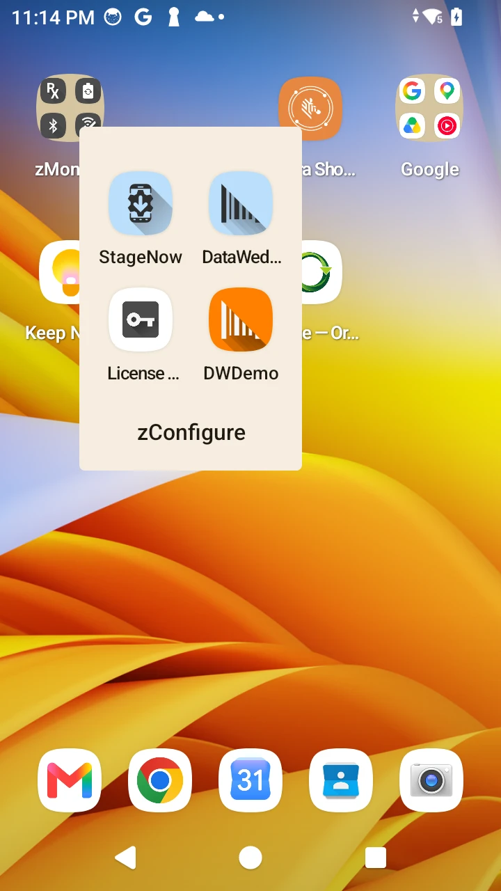 The zConfigure folder open on a Zebra handheld home screen, showing the DataWedge app icon beside StageNow, License Manager, and DWDemo.