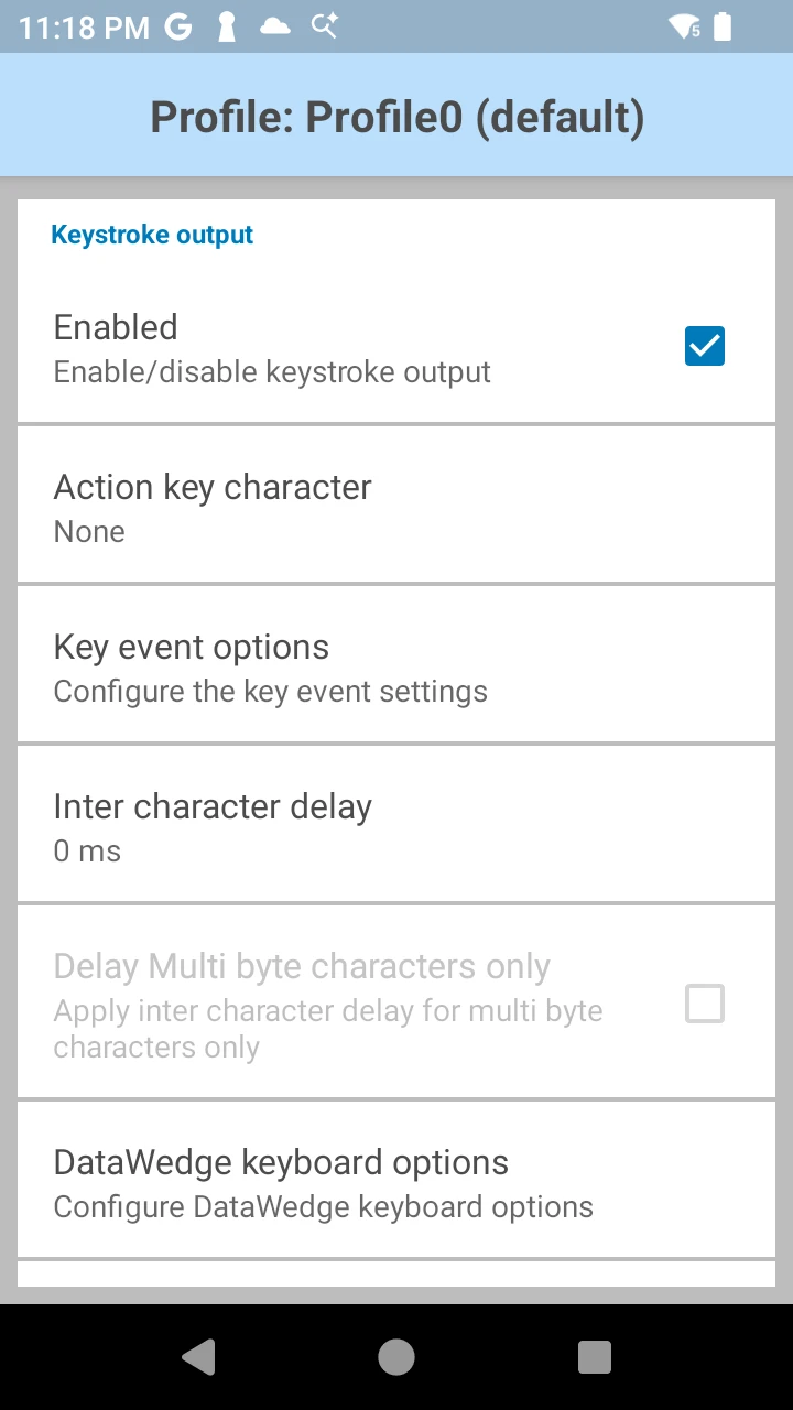 The Keystroke output section of a DataWedge profile, with output enabled and the Key event options row listed below Action key character.