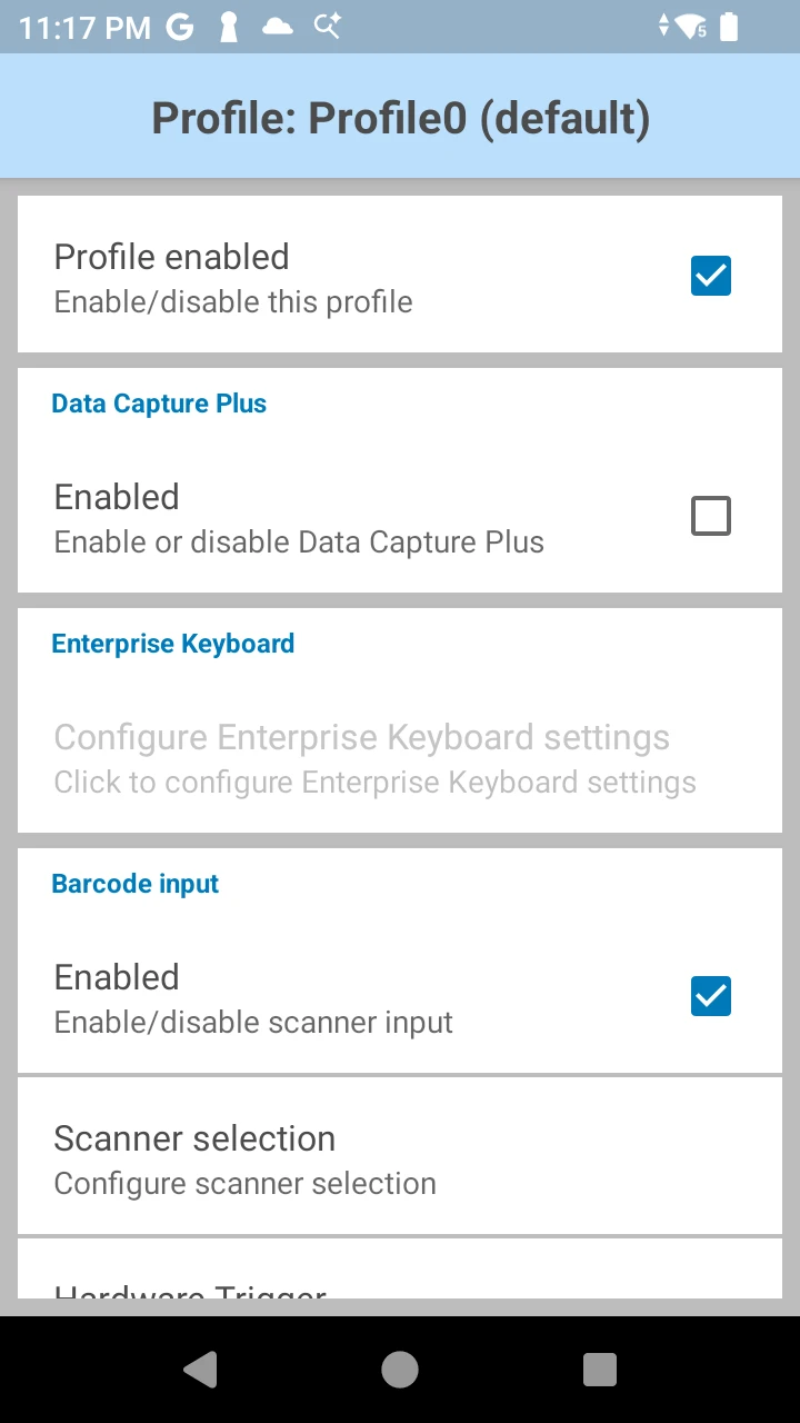 A DataWedge profile settings screen with Profile enabled checked, Data Capture Plus unchecked, and Barcode input enabled.