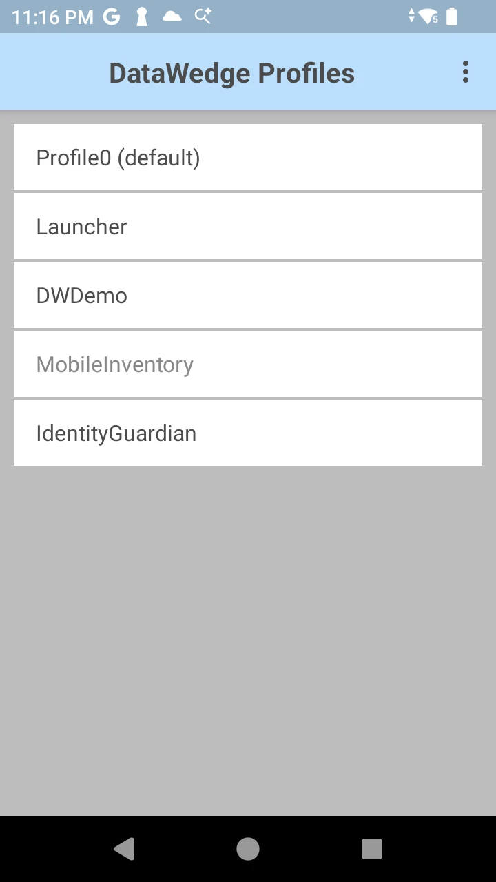 The DataWedge Profiles list showing Profile0 (default), Launcher, DWDemo, MobileInventory greyed out as disabled, and IdentityGuardian.