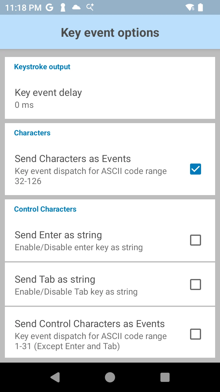The DataWedge Key event options screen with Send Characters as Events checked, described as key event dispatch for ASCII code range 32 to 126.