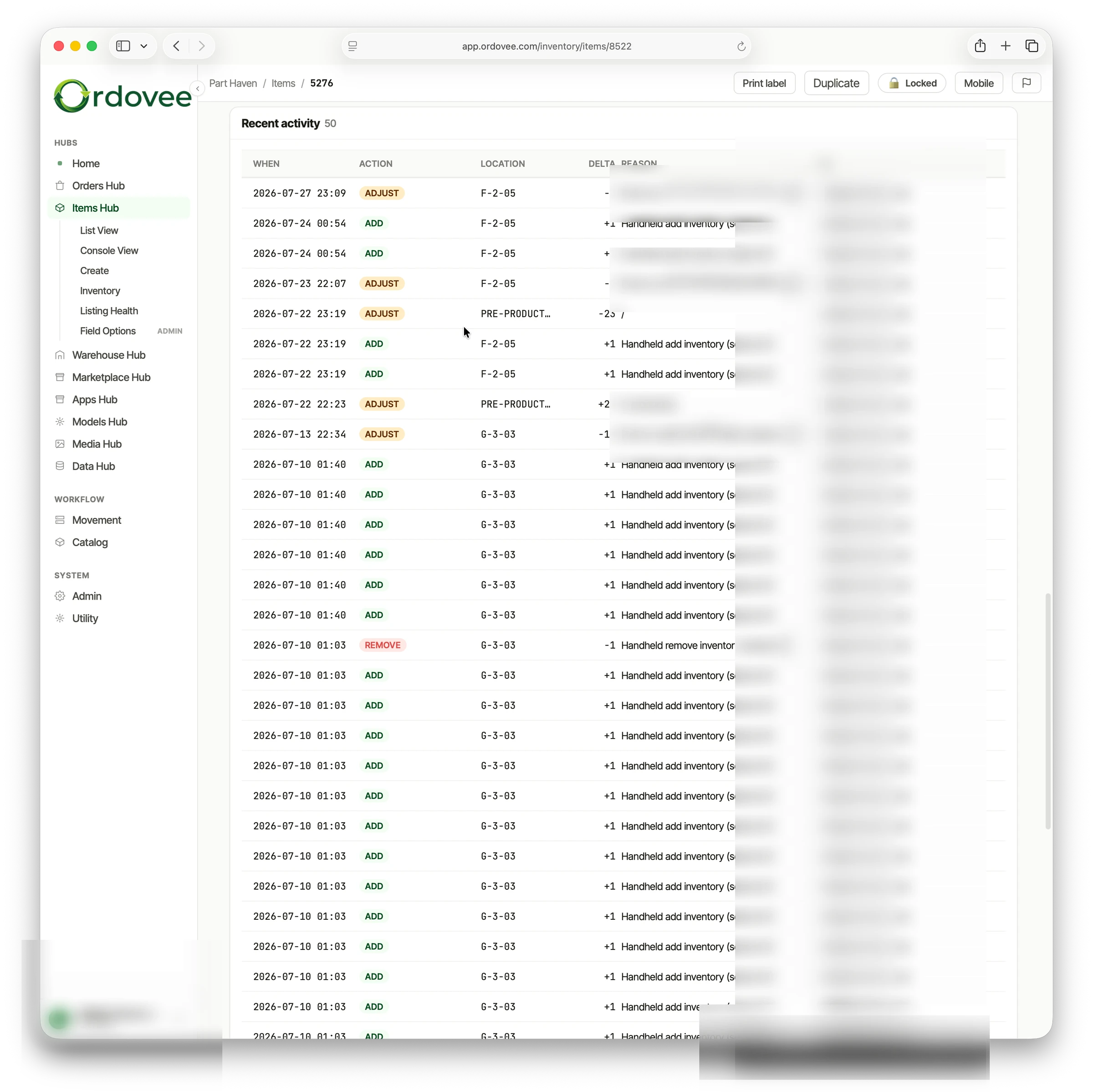 An item detail page in Ordovee showing its recent-activity ledger — dated add, adjust, and remove entries, each with location, quantity change, and reason.