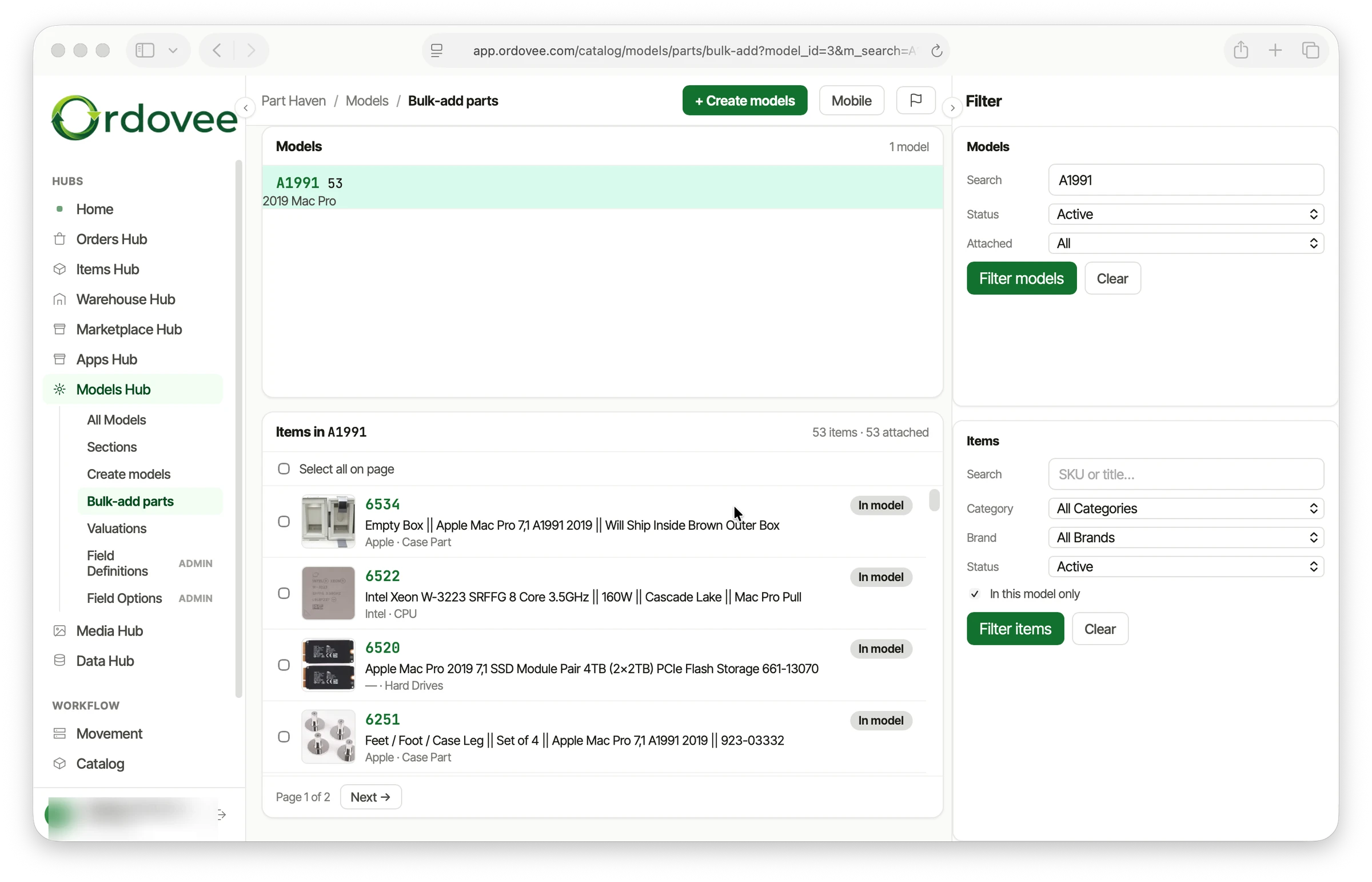 Building the catalog in Ordovee — the bulk-add parts screen for a 2019 Mac Pro source assembly, listing its attached parts with model and item filters.