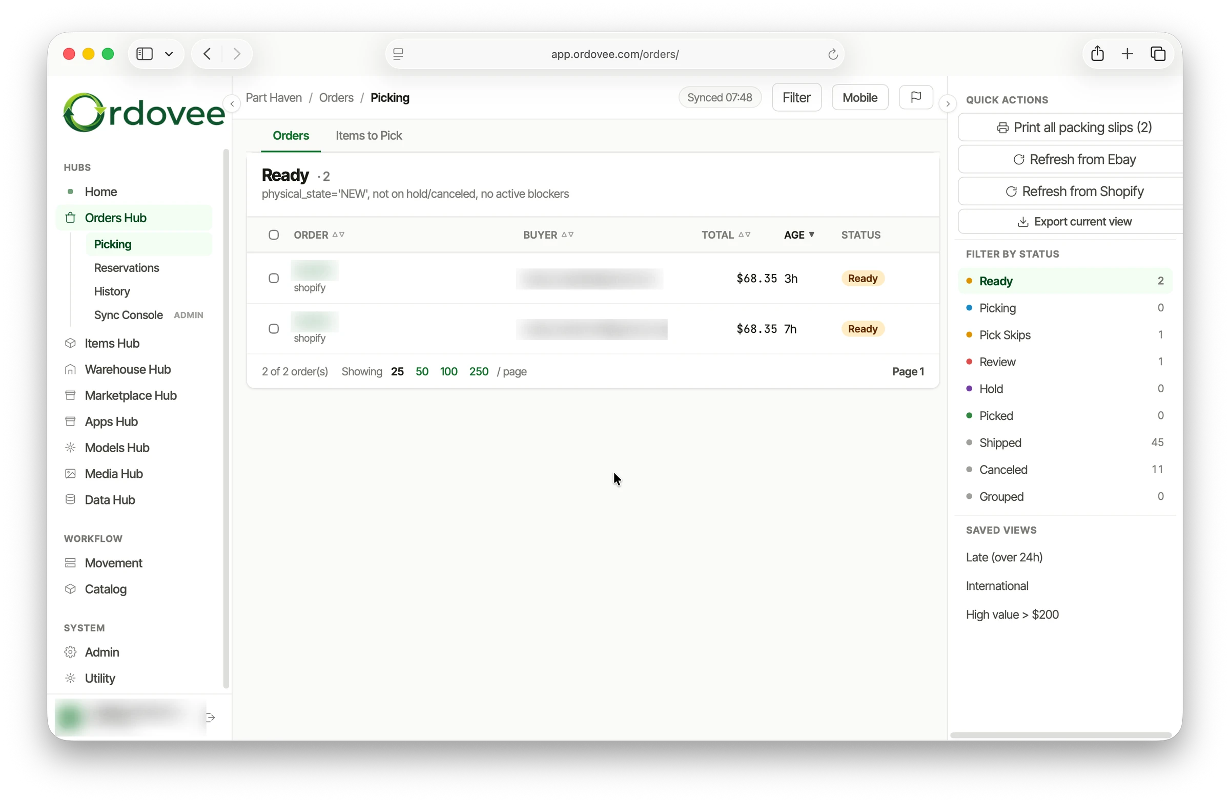 The Ordovee orders picking queue — two orders ready to pick, status filters from ready through shipped, and quick actions for packing slips and marketplace refresh.